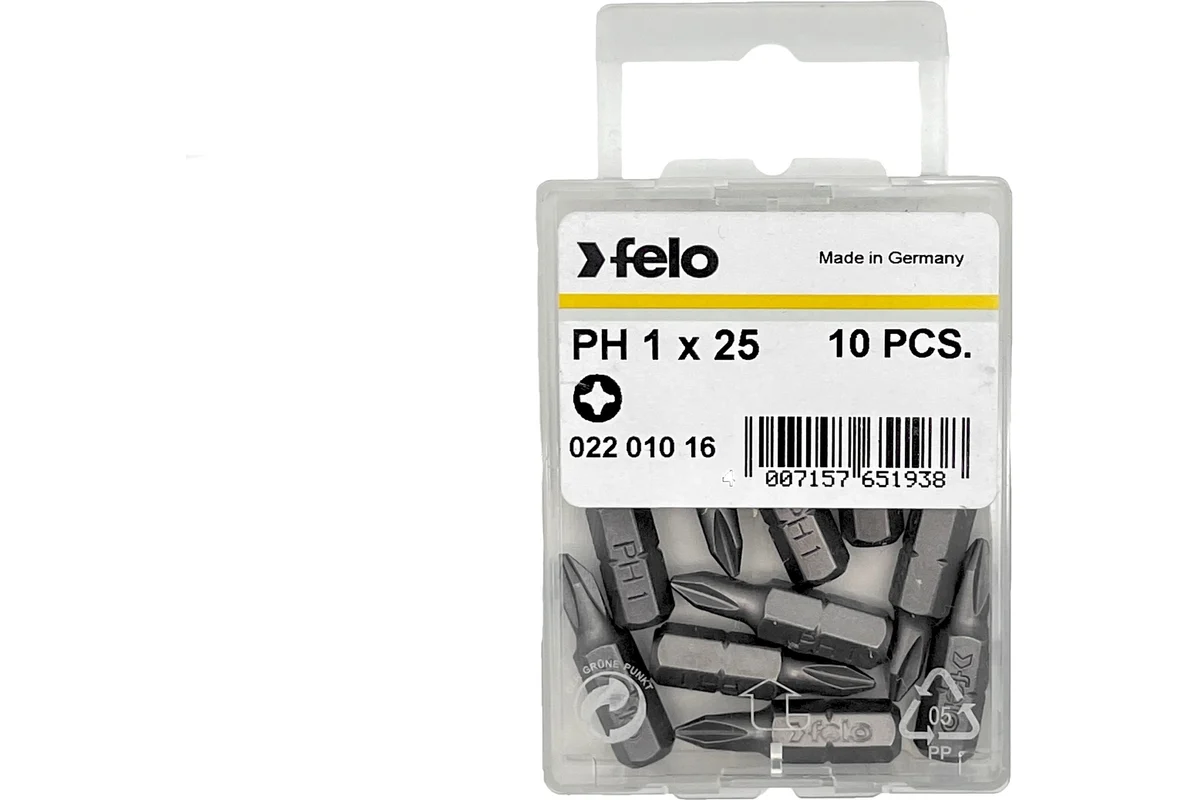 Бита крестовая серия Industrial 10 шт, PH1, 25 мм, в пластиковом боксе Felo 02201016 — детальное фото
